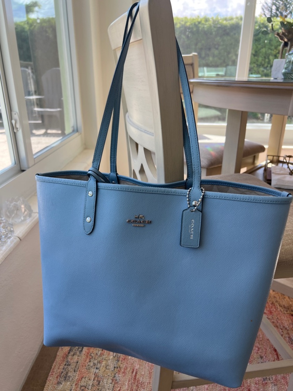 Coach - Beige Signature Tote with Blue Trim, Reversible and Matching Pouch - Picture 8 of 12
